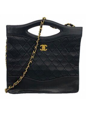 Chanel Handbag Quilted Lambskin Black Gold 2-Way Bag